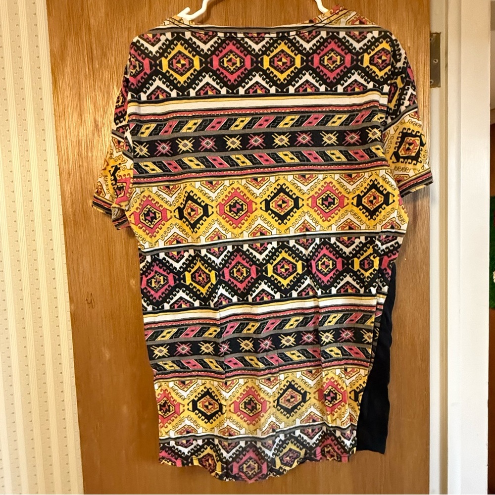 BDG Black Tee with Multicolor Patterned Sleeves - image 2